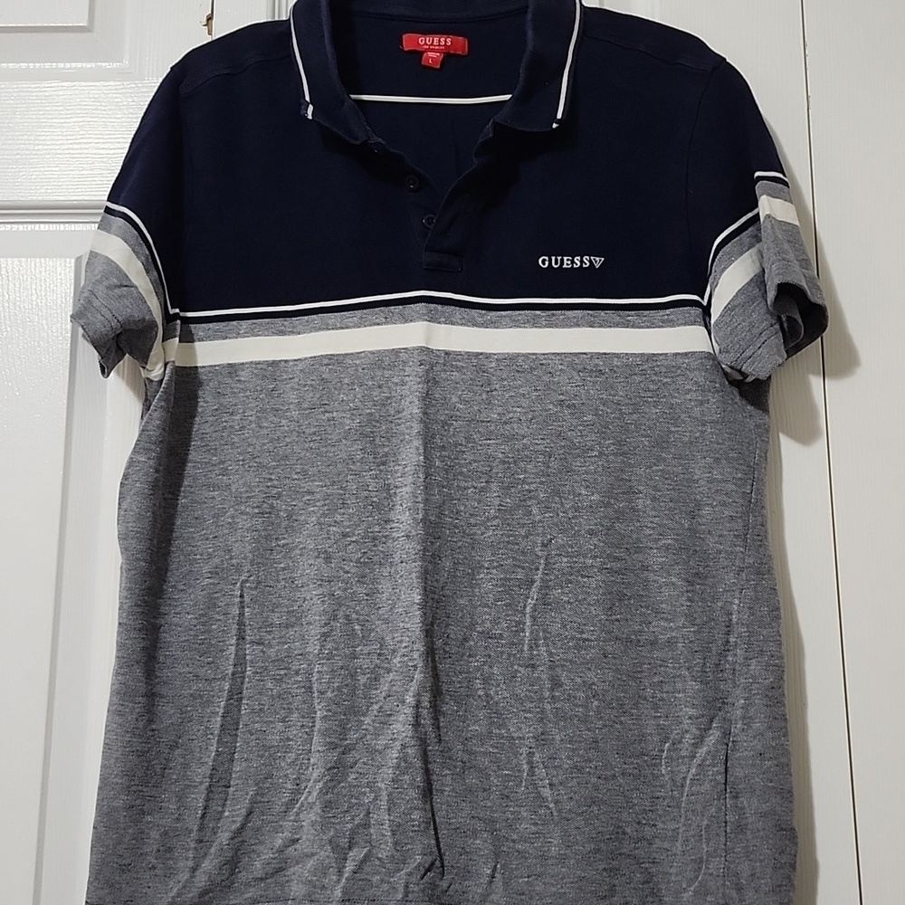 Guess Navy and Gray Striped Polo